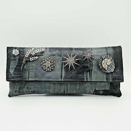 Silver, Gray and Black with Rhinestone Cluster