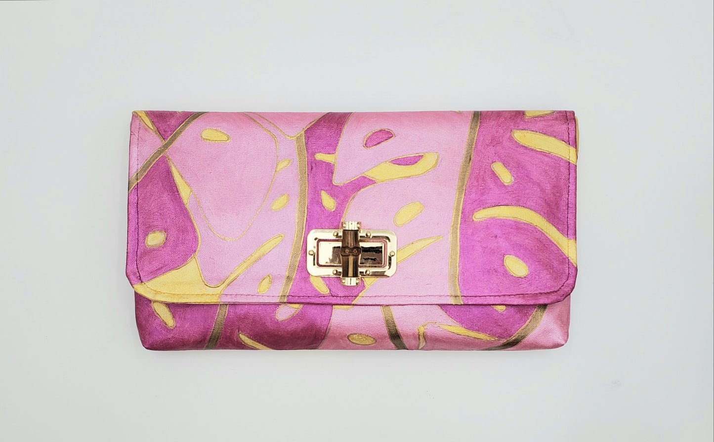 Monstera Leaves Ginger Clutch in Pinks and Gold (with turn-lock)