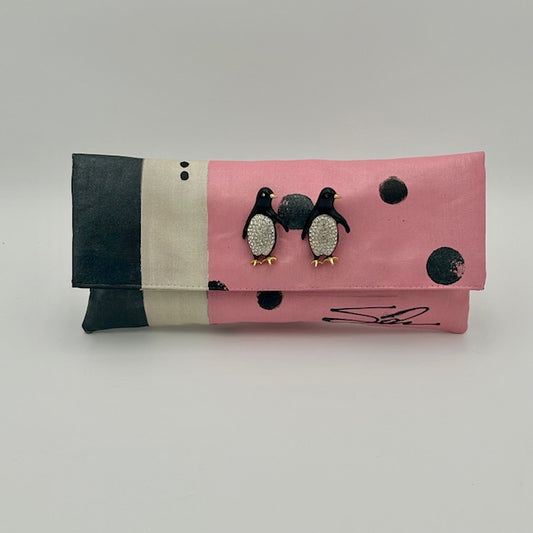 Pink Block Clutch with Crystal Enamel Penguins