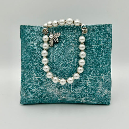 Turquoise Mini Tote with Pearl Handles and Bee