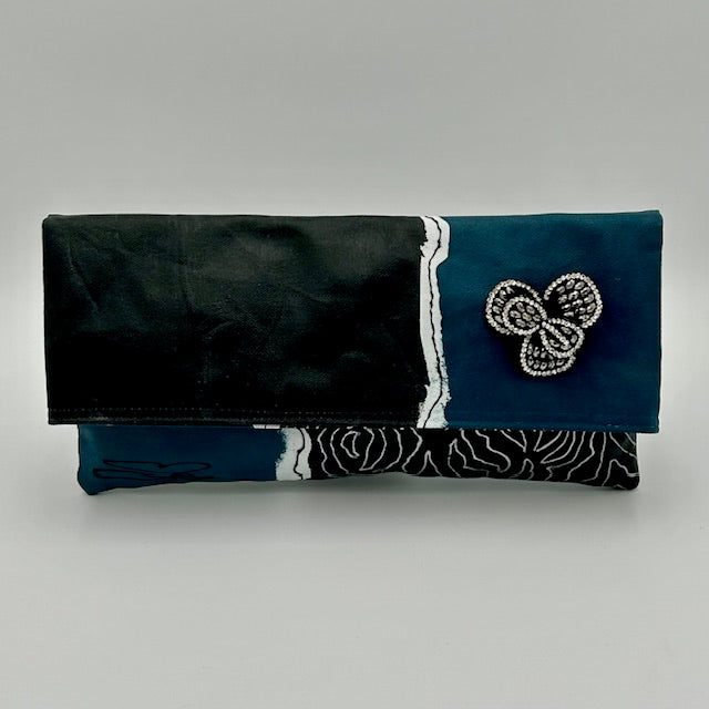 Black and Blue Block with Crystal Beaded Flower Brooch