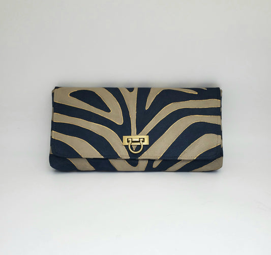 Zebra Ginger Clutch in Black and Gold (with turn-lock)