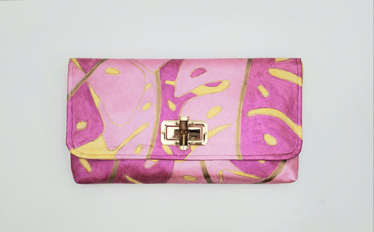 Monstera Leaves Ginger Clutch in Pinks and Gold (with turn-lock)