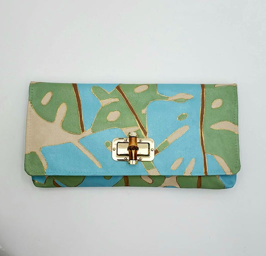 Monstera Leaves Ginger Clutch in Blue and Green