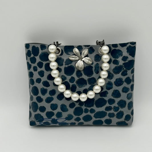 Mini Tote in Navy and Gray with Pearl Handles