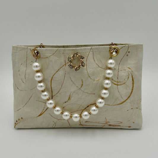 Metallic white and gold mini tote with pearl handles