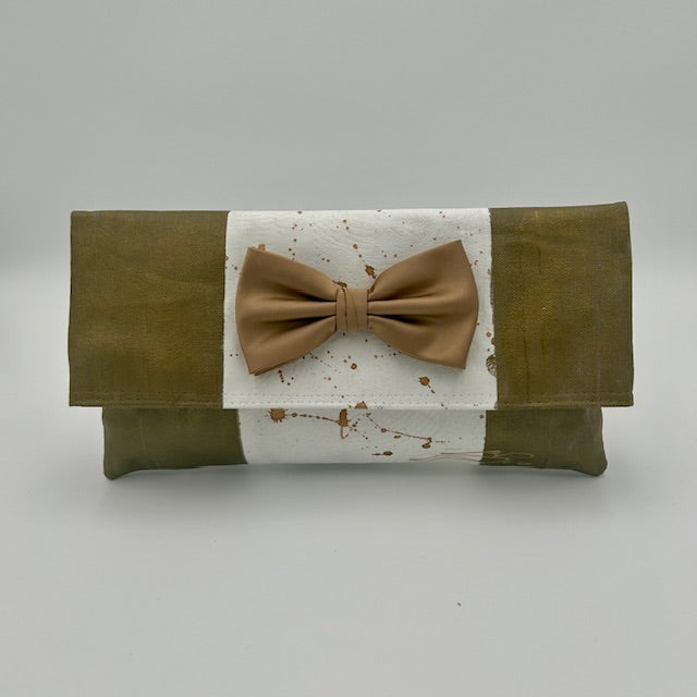 Bronze and White Block print with Splatter and White Tuxedo Bow