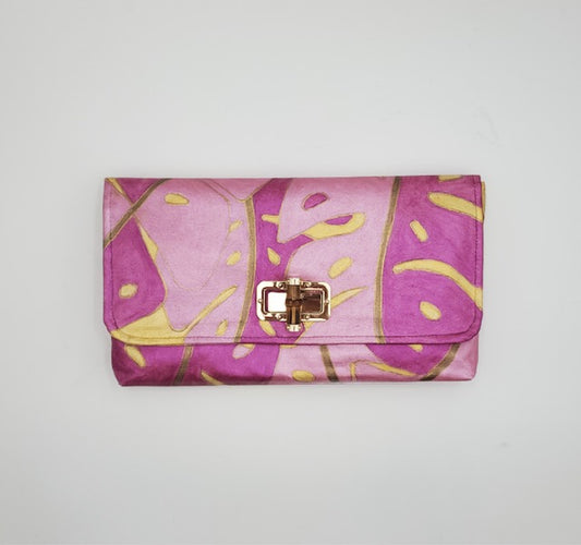 Monstera Leaves Ginger Clutch in Pinks and Gold (with turn-lock)